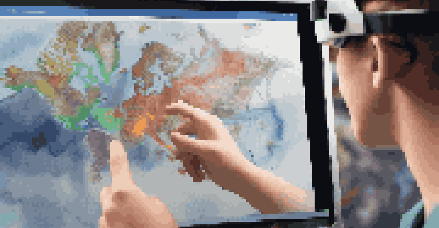 A student's hands interacting with a virtual reality interface displaying 3D models of tectonic plate movements, with colorful graphics and a blurred classroom background.