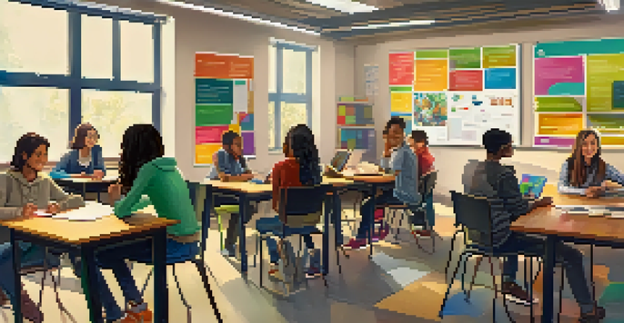 A lively digital classroom with diverse students collaborating on projects using technology, surrounded by colorful learning materials.