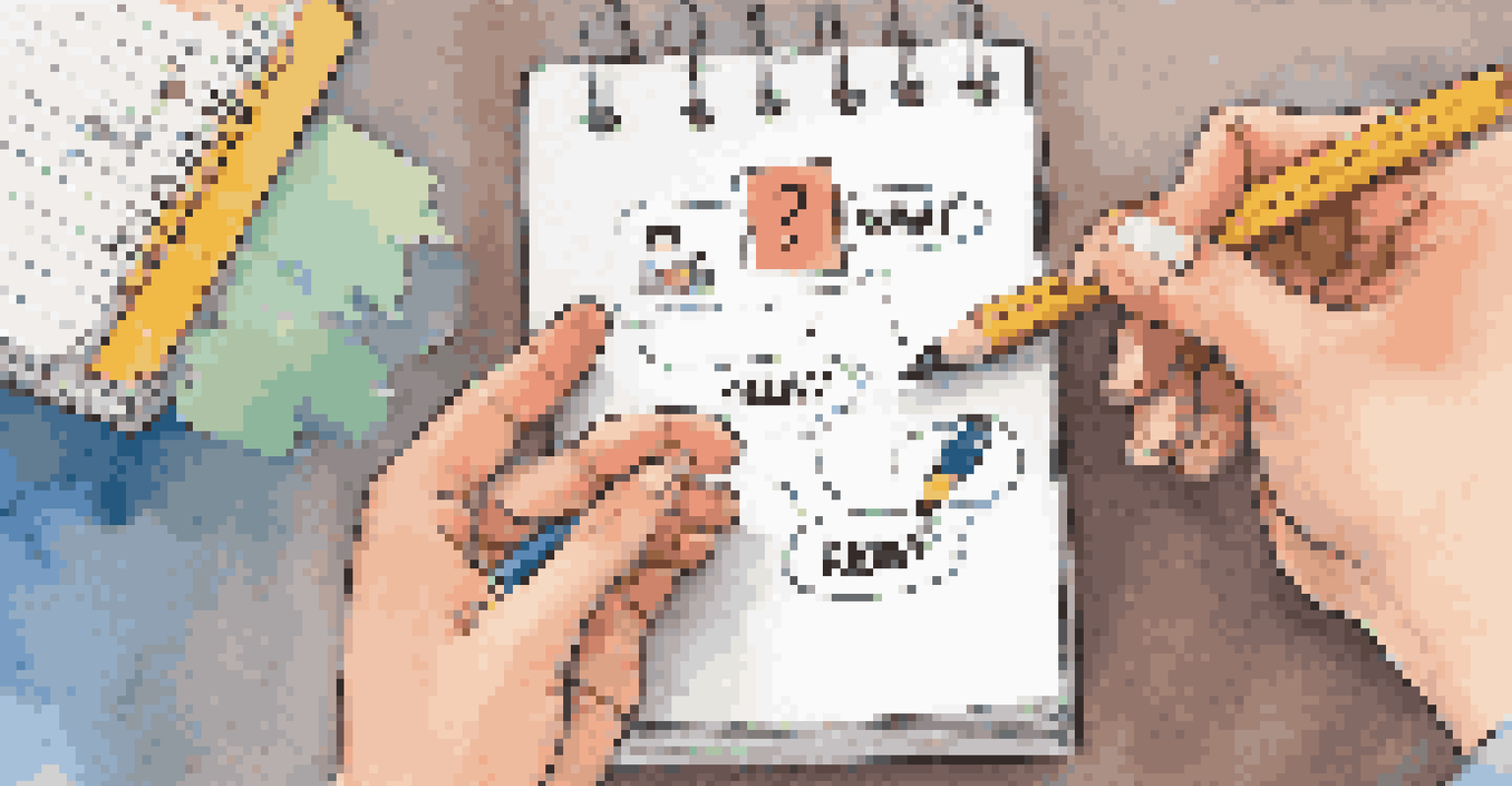 Close-up of a student's hands holding a pencil and notebook, with a thought bubble showing metacognitive questions.
