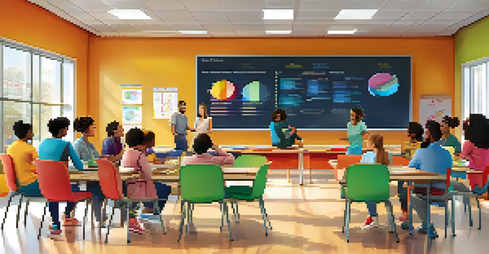 A bright classroom with students of various backgrounds discussing around tables, while an AI board displays data. The room is sunny and filled with educational posters.