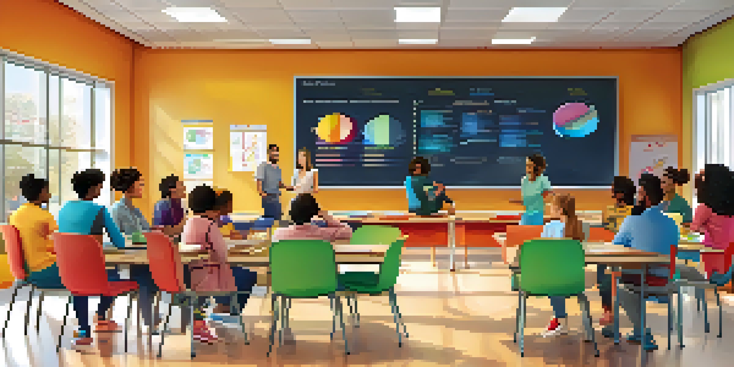 A bright classroom with students of various backgrounds discussing around tables, while an AI board displays data. The room is sunny and filled with educational posters.