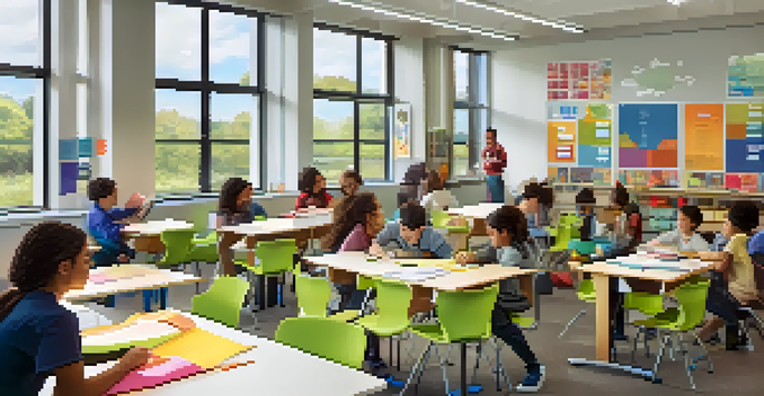 A bright and modern classroom with movable desks and colorful seating, where students engage in group discussions under natural light.