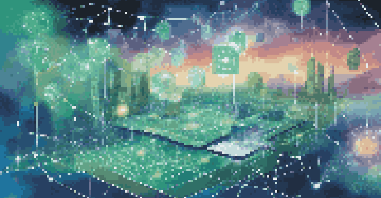 A digital landscape showcasing interconnected nodes and glowing badges being verified through a blockchain network.