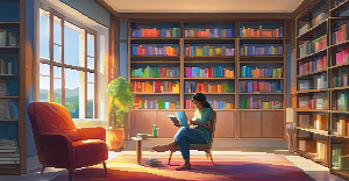 A person sitting in a cozy study room using a smartphone to learn a new language, surrounded by books and warm lighting.