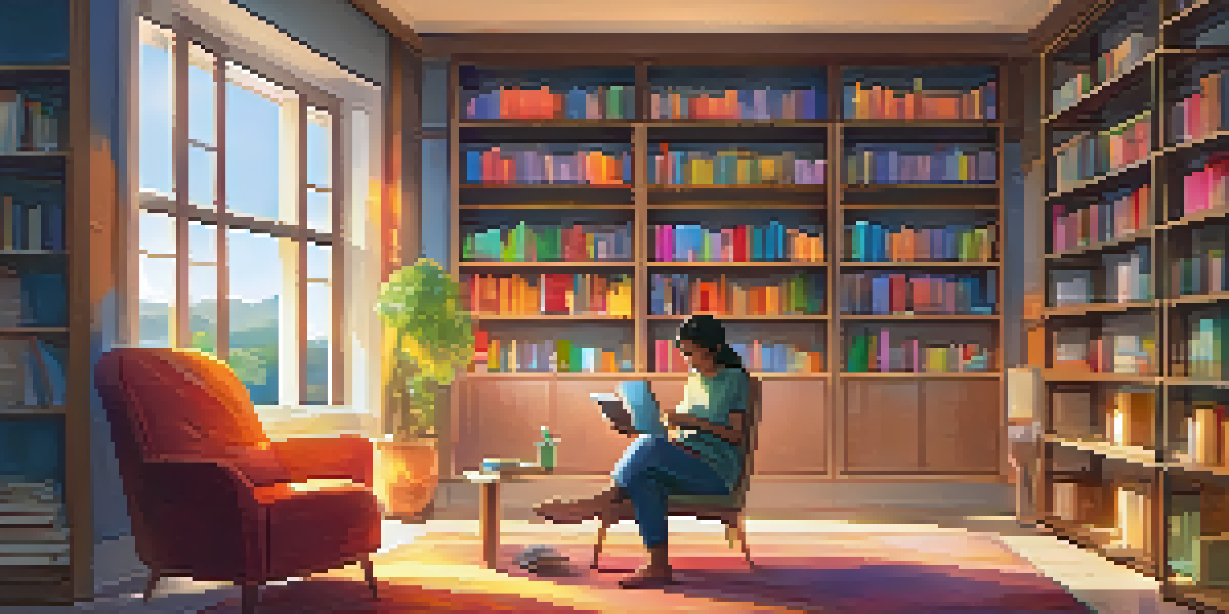 A person sitting in a cozy study room using a smartphone to learn a new language, surrounded by books and warm lighting.