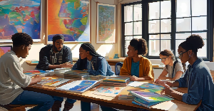 A group of diverse students working together at a table, discussing ideas with books and laptops around them.