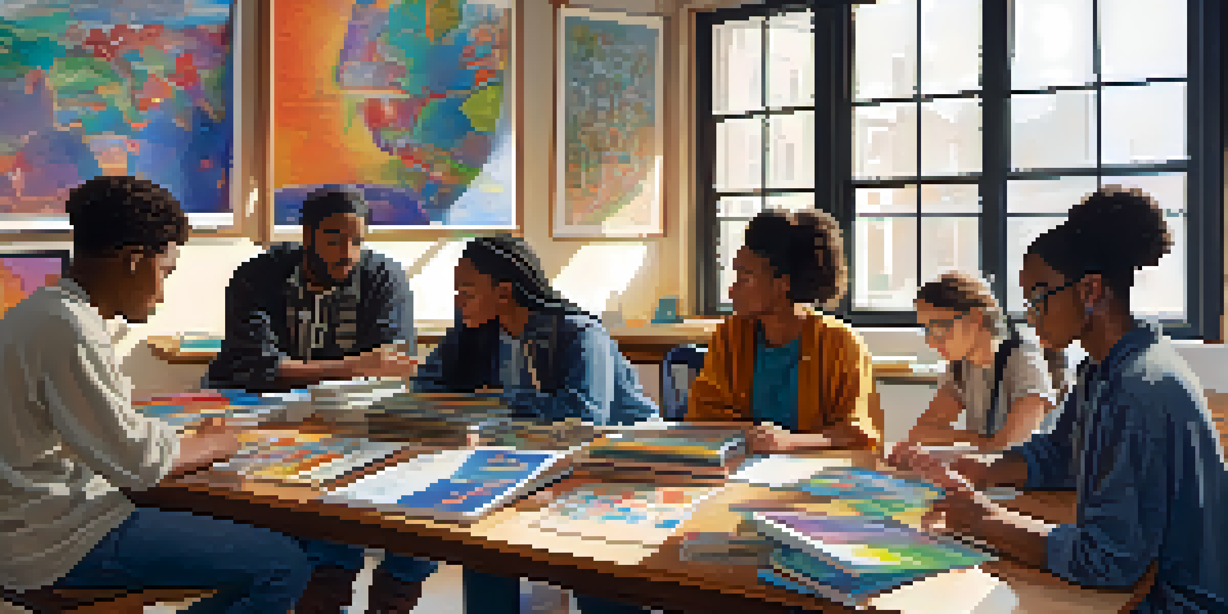 A group of diverse students working together at a table, discussing ideas with books and laptops around them.