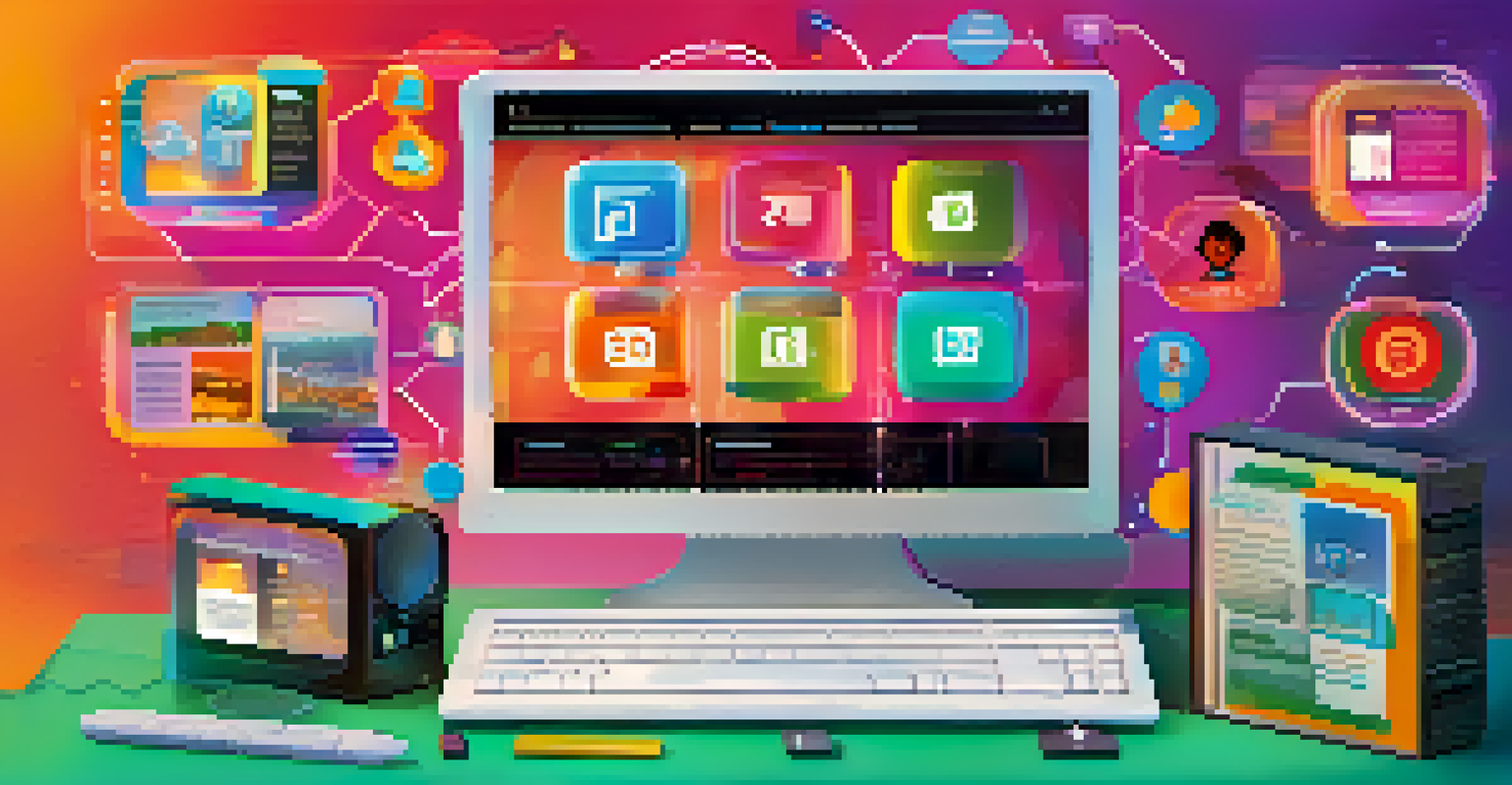 A digital platform interface with interactive elements for an online learning community, surrounded by icons representing different learning styles.