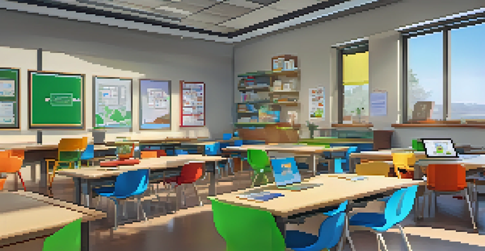 A bright and modern classroom with students using computers and interacting face-to-face, showcasing a blended learning environment.
