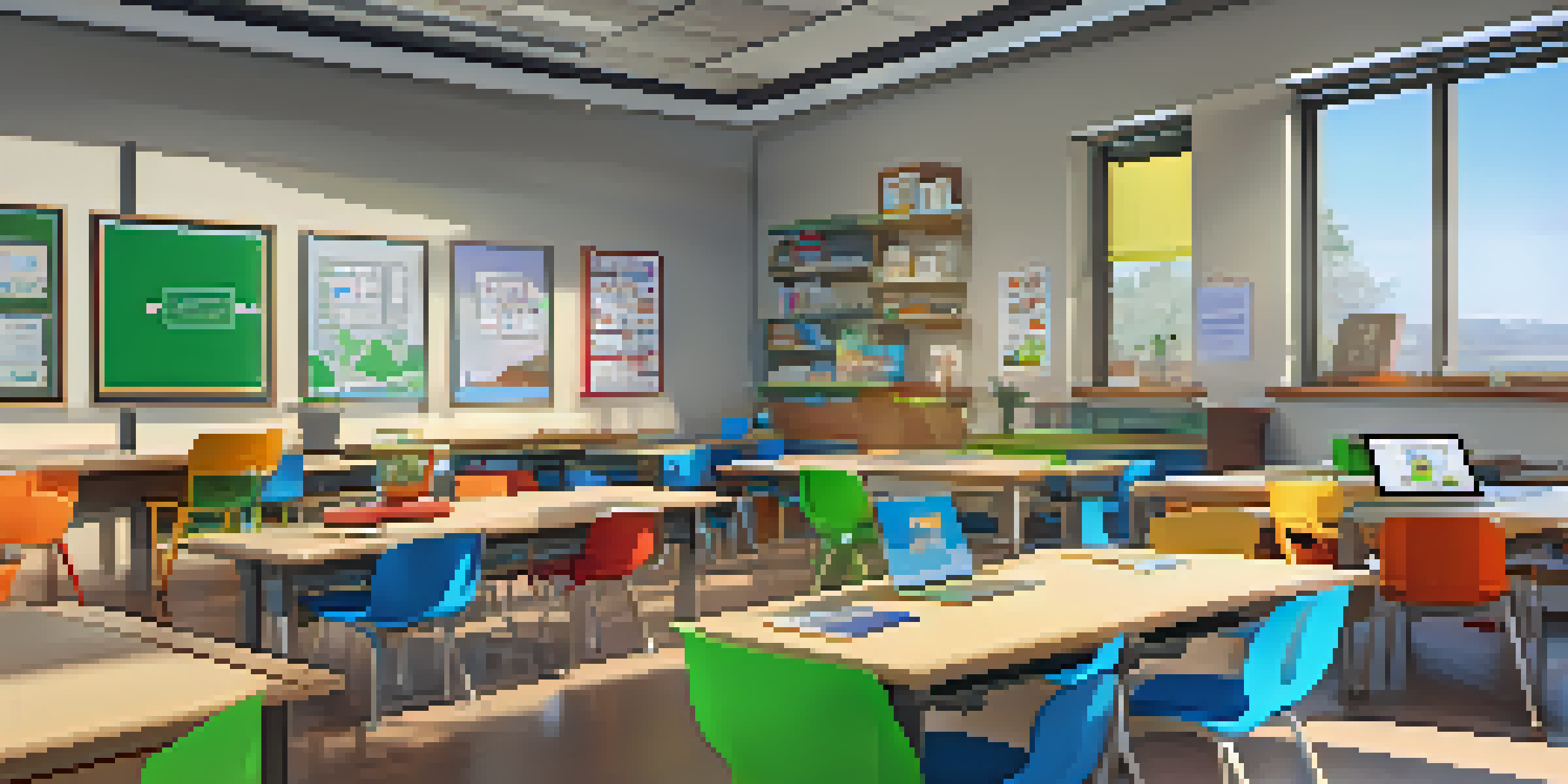 A bright and modern classroom with students using computers and interacting face-to-face, showcasing a blended learning environment.