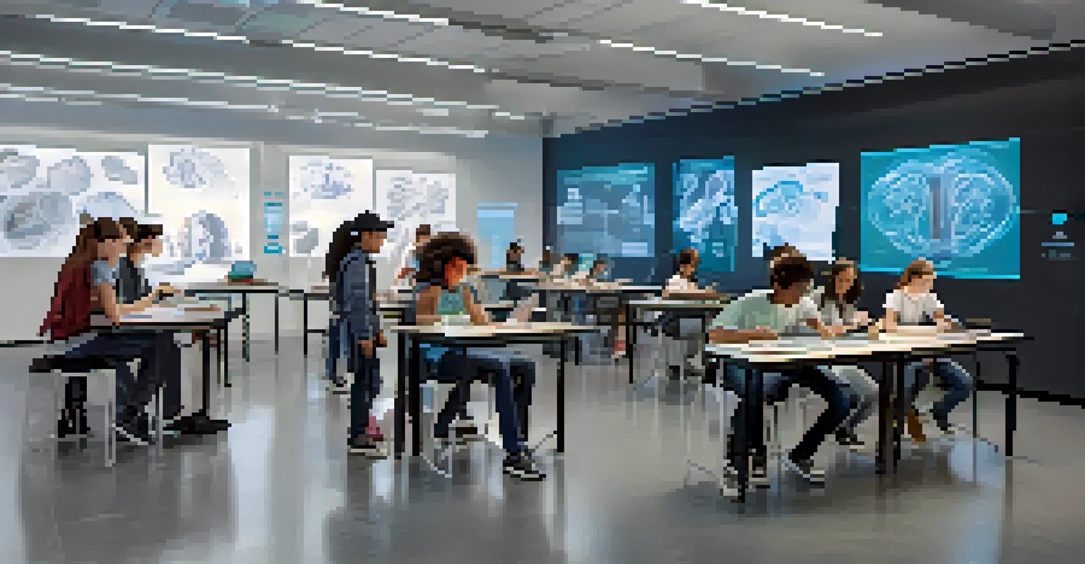 Students using augmented reality in a futuristic classroom to study complex subjects.