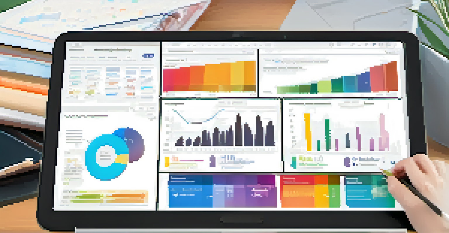 Close-up of a student's hands using a laptop with a colorful learning analytics dashboard displayed, surrounded by study materials.