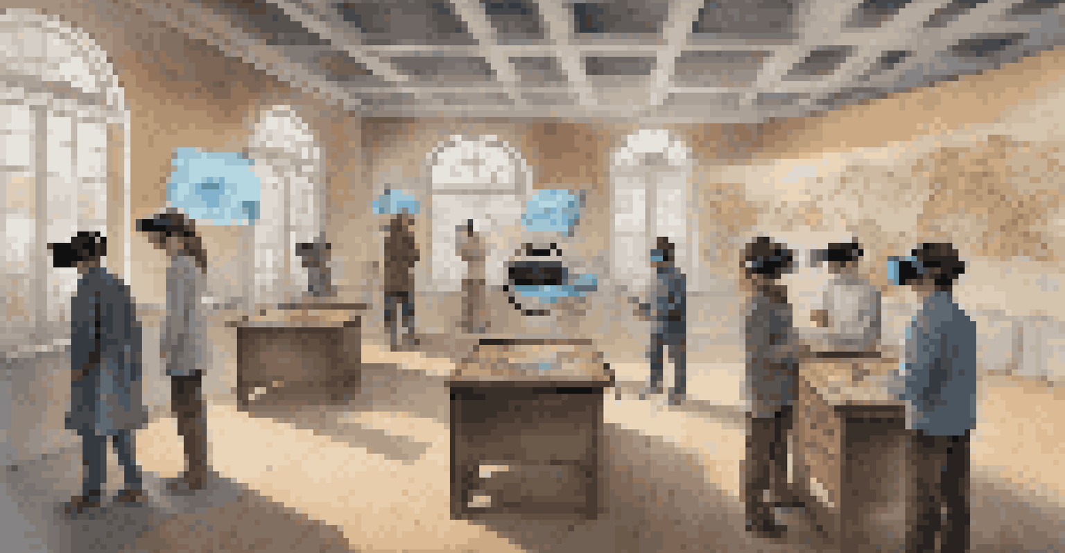 Students wearing virtual reality headsets, surrounded by holographic displays of history and science, engaged in an immersive learning experience.