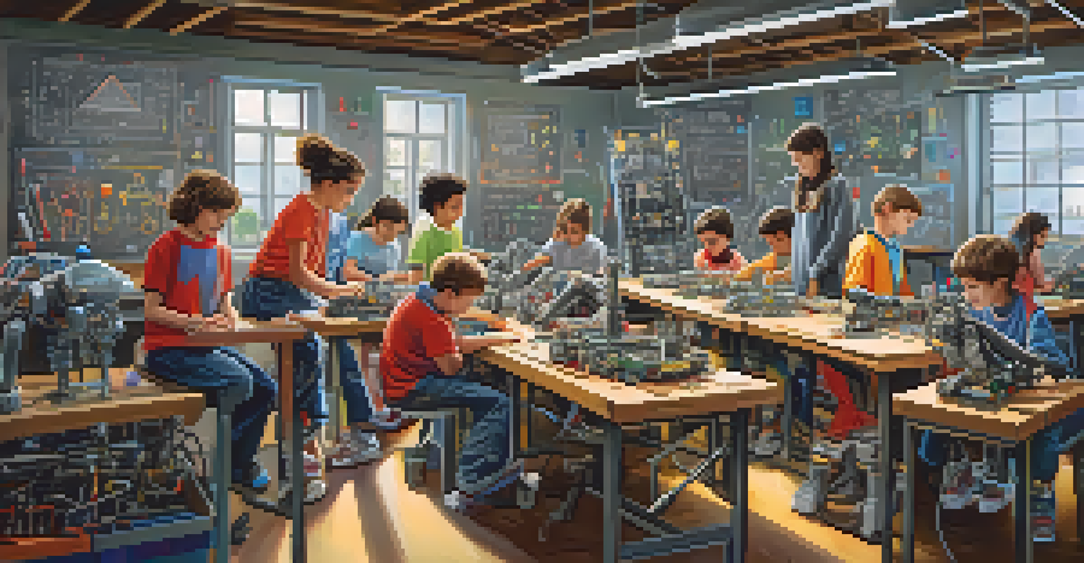 Children collaborating on a robotics project in a workshop, surrounded by tools and colorful educational posters.