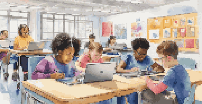 A diverse group of students with special needs using technology in a colorful classroom filled with educational resources.