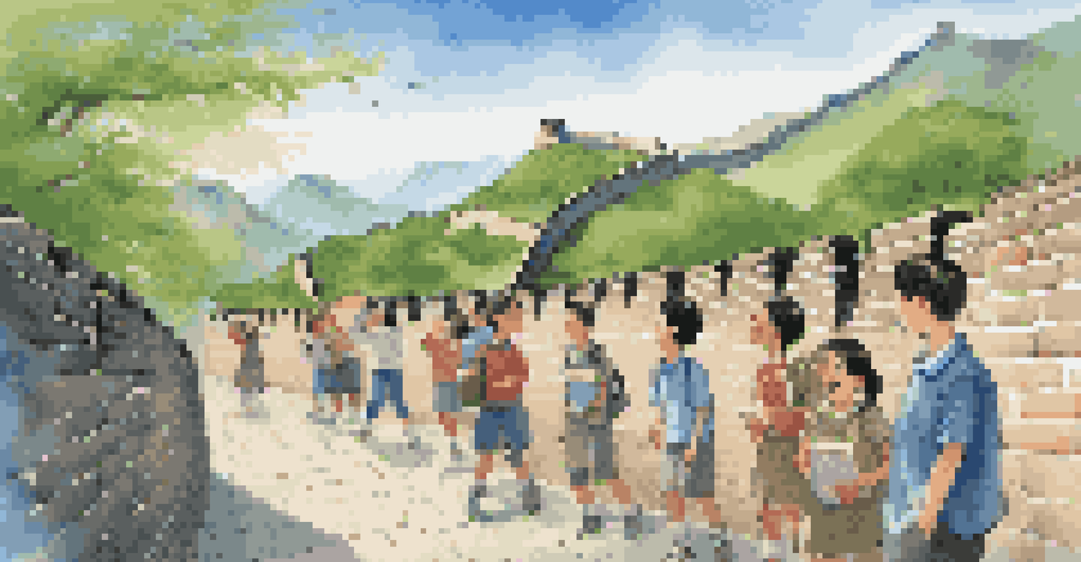 Students participating in a virtual field trip to the Great Wall of China, interacting with a display that shows its history, with a bright sky and greenery in the background.