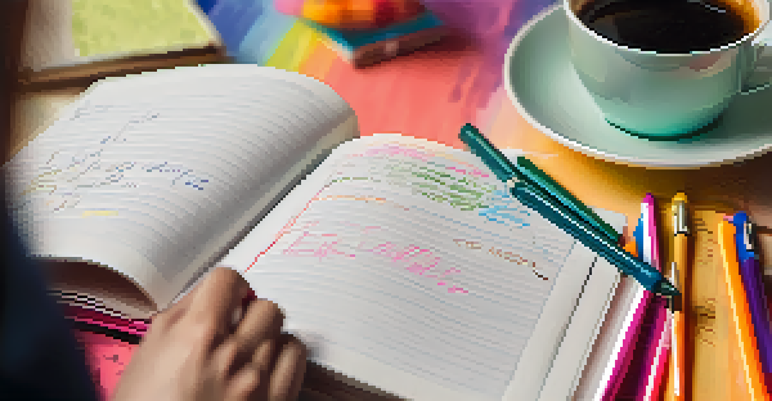 A person's hands writing in a journal with motivational quotes and colorful pens, highlighting the importance of goal setting.