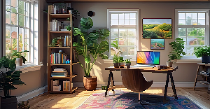 A cozy home office with a wooden desk, laptop, houseplants, and natural light coming through a window.