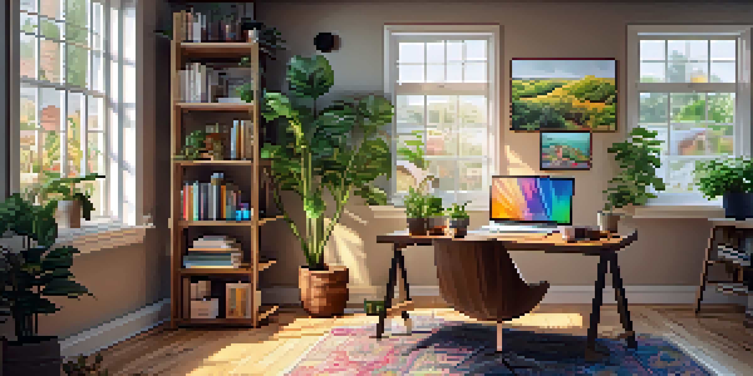 A cozy home office with a wooden desk, laptop, houseplants, and natural light coming through a window.