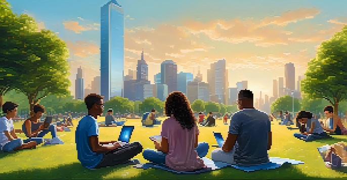 A diverse group of people in a park using laptops and smartphones under warm sunlight, with a modern city skyline in the background.