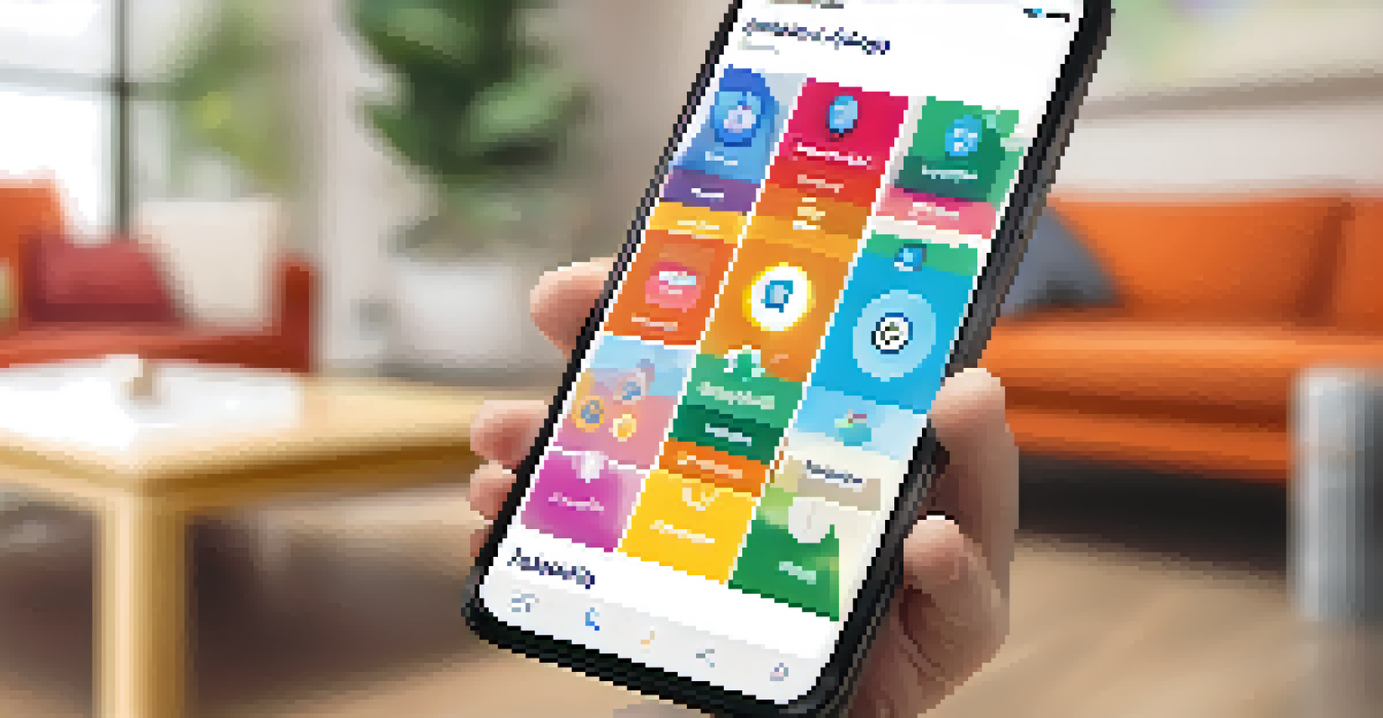 A smartphone displaying a colorful gamified learning app, with a cozy living room in the background.