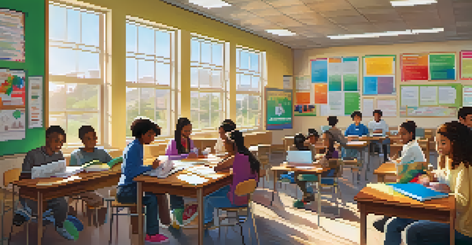 A warm and inviting classroom with students working together at tables, sunlight illuminating colorful educational materials and motivational posters.