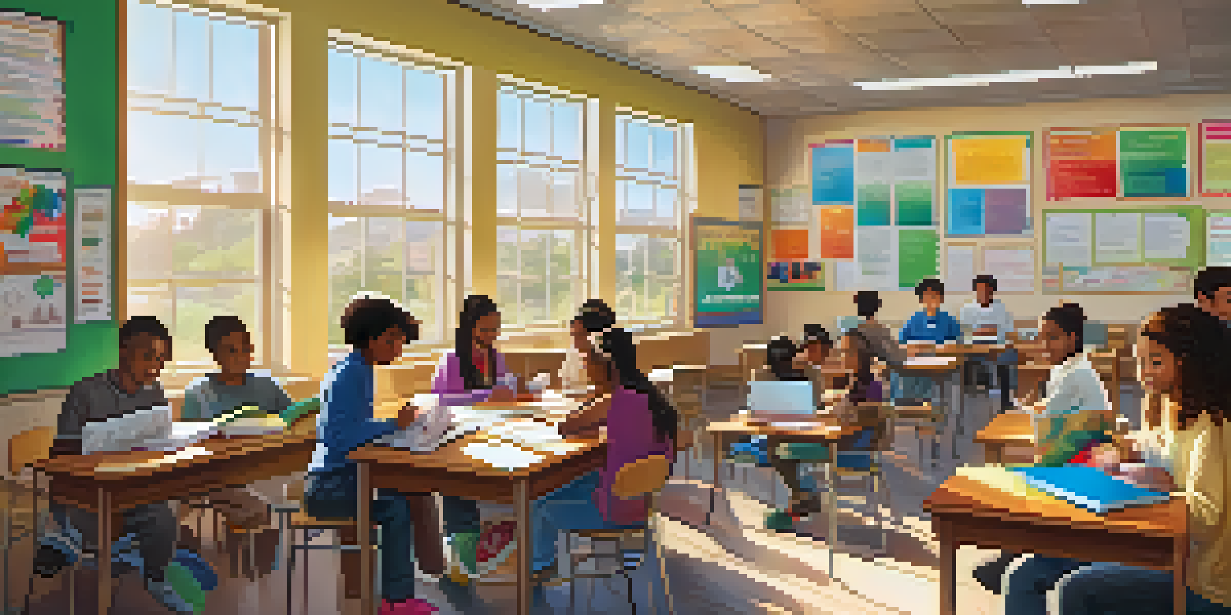 A warm and inviting classroom with students working together at tables, sunlight illuminating colorful educational materials and motivational posters.