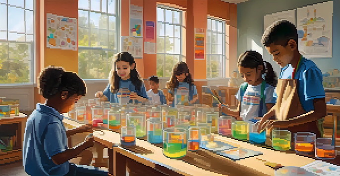 A lively classroom with diverse students actively participating in a playful STEAM learning activity, featuring colorful blocks and science experiments under bright sunlight.