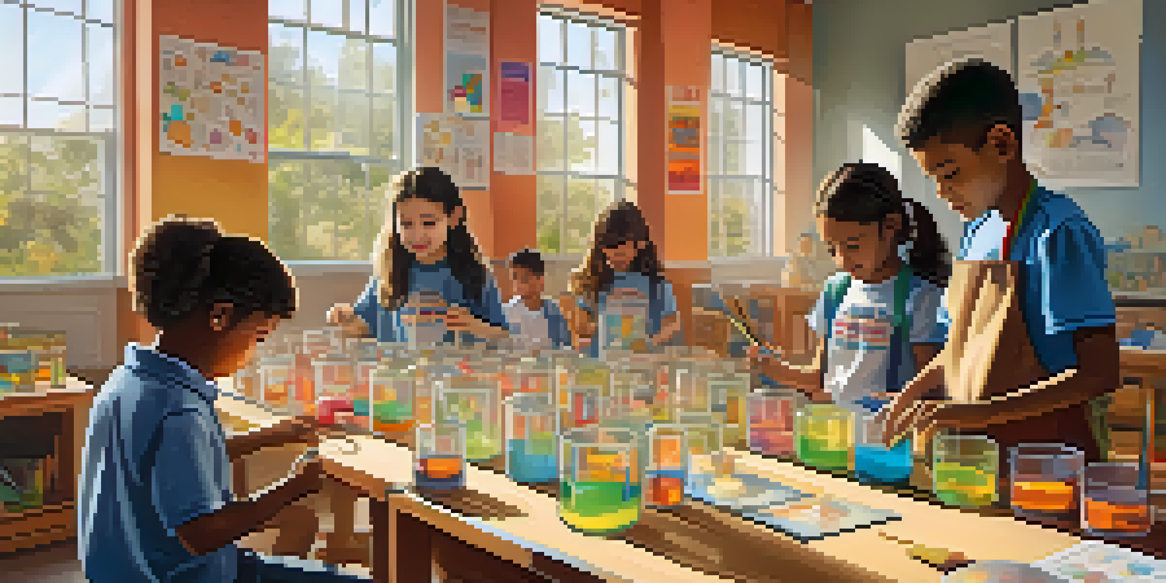 A lively classroom with diverse students actively participating in a playful STEAM learning activity, featuring colorful blocks and science experiments under bright sunlight.