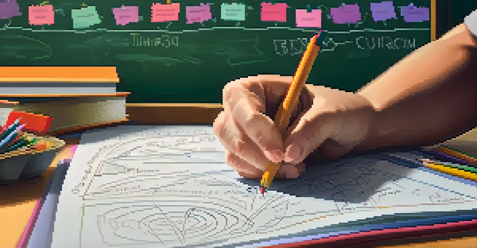 A teacher's hands writing on a chalkboard filled with critical thinking strategies in a warmly lit classroom.