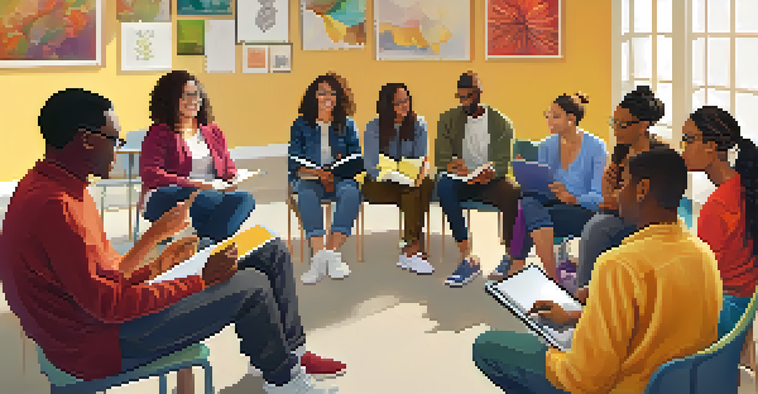 A diverse group of adults engaged in discussion in a community center, promoting collaborative learning.