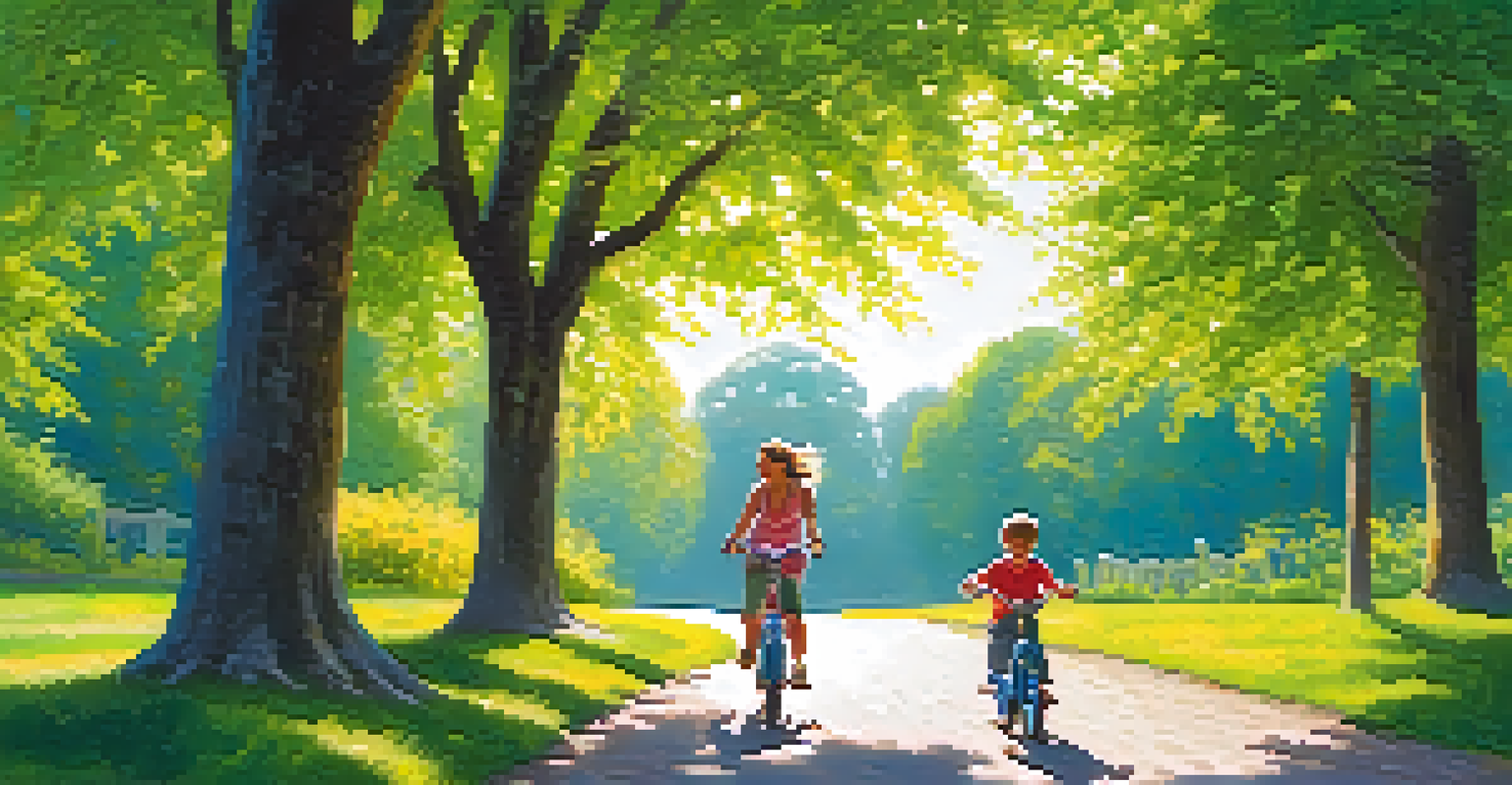 A parent and child biking together on a sunny path surrounded by trees, showcasing a joyful outdoor activity.