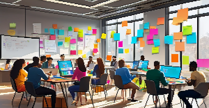 A group of diverse students collaborating during an online learning session, surrounded by laptops and colorful sticky notes.