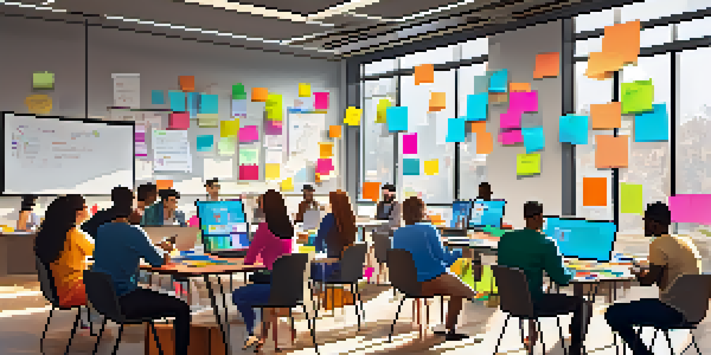 A group of diverse students collaborating during an online learning session, surrounded by laptops and colorful sticky notes.