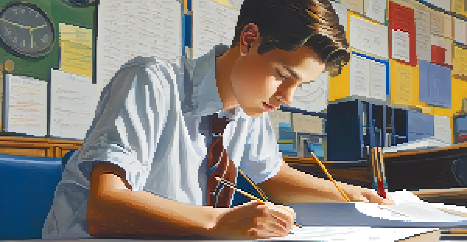 A student concentrating while taking a test, with a clock visible in the background indicating the passing time.