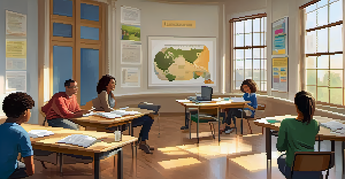 An adult learner in a bright classroom engaged in discussion with a facilitator, surrounded by books and a laptop.