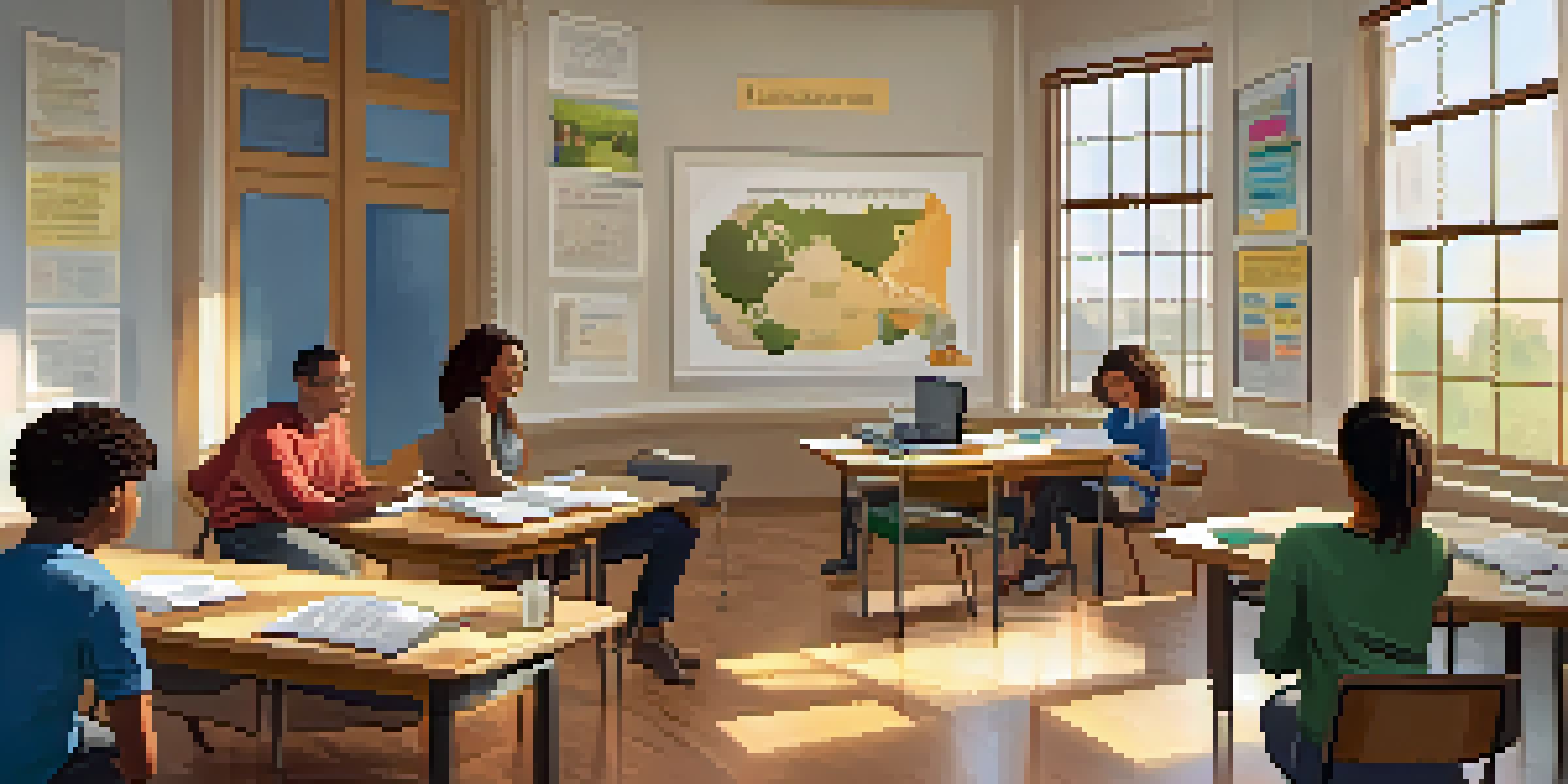 An adult learner in a bright classroom engaged in discussion with a facilitator, surrounded by books and a laptop.