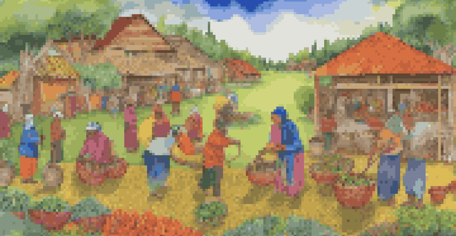 A colorful collage showcasing various cultural practices promoting sustainability, including farming and seasonal festivals.