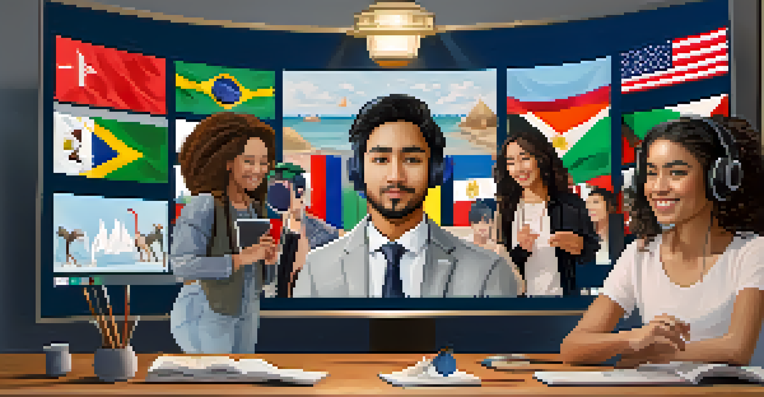 An online video conference with students from various cultures participating, each in their unique cultural setting.