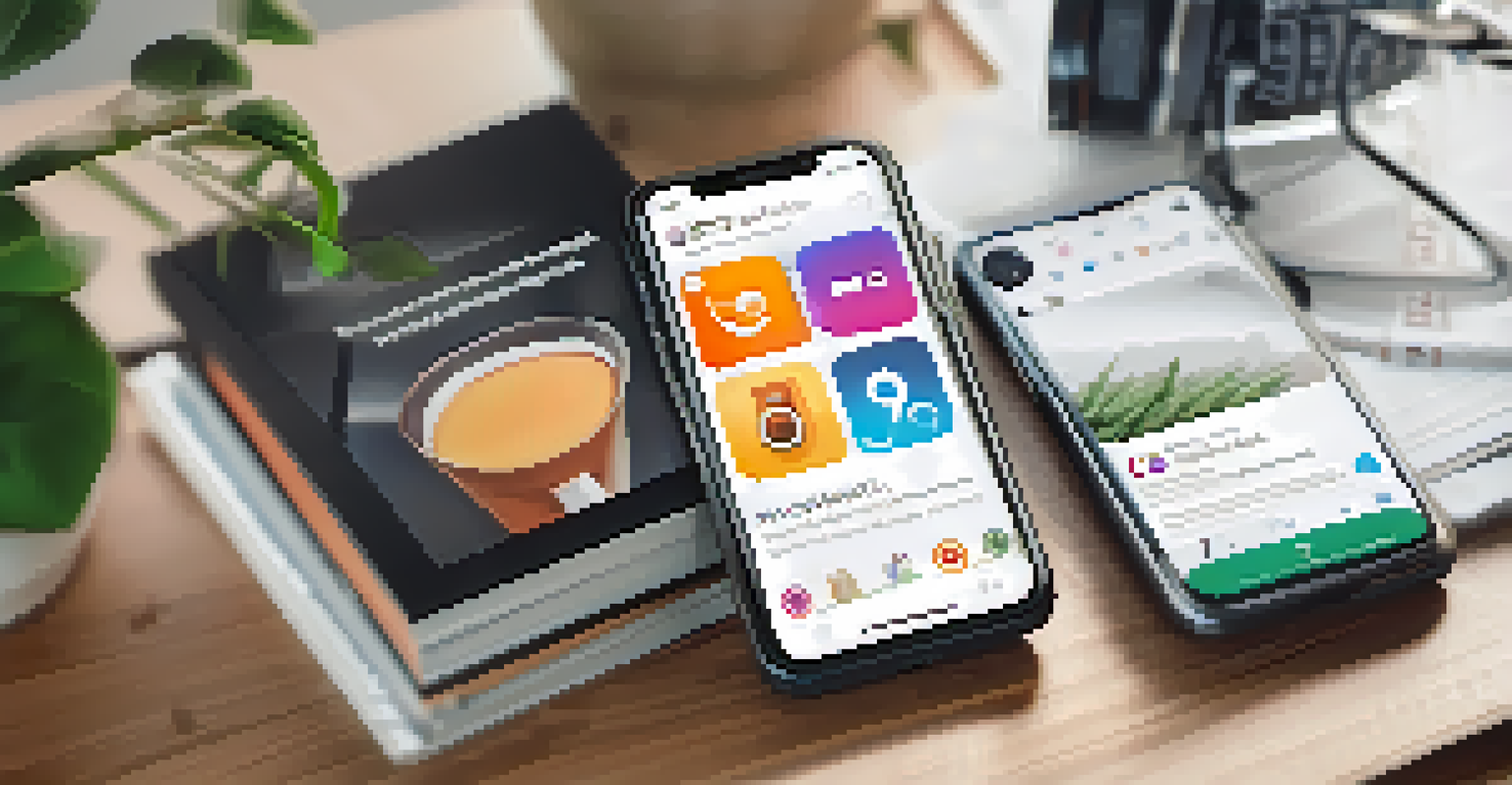 A smartphone showing educational content on social media, set in a cozy study environment with books and a plant.