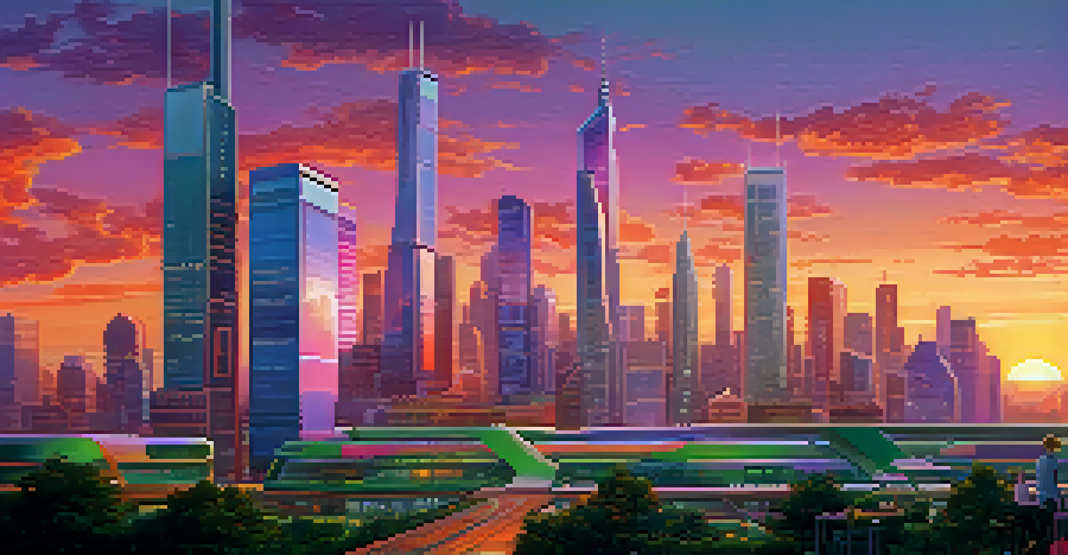 A futuristic city skyline at sunset with skyscrapers, vibrant sky colors, and hovering vehicles.