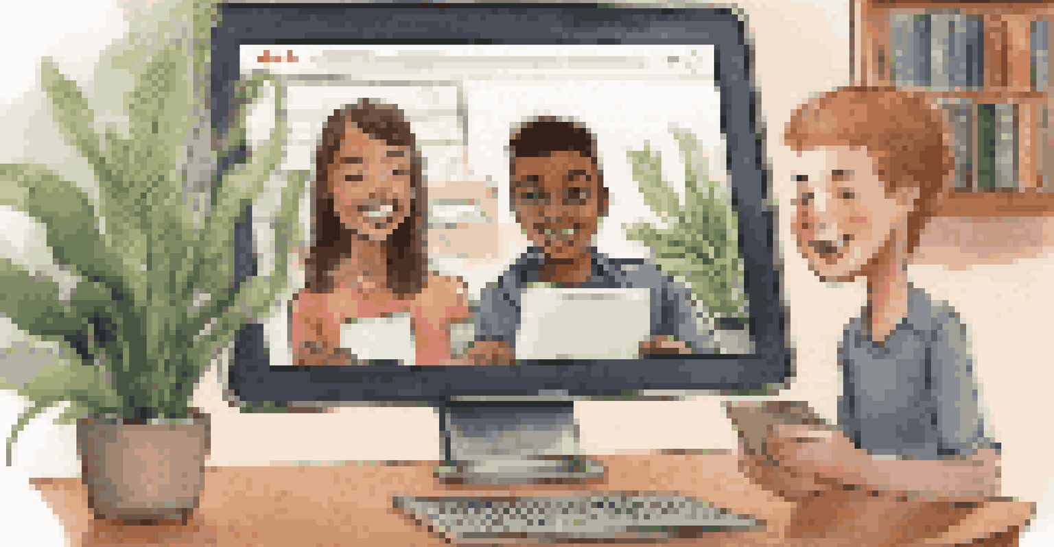 A smartphone showing a video call with students smiling and engaged, set in a cozy study environment.