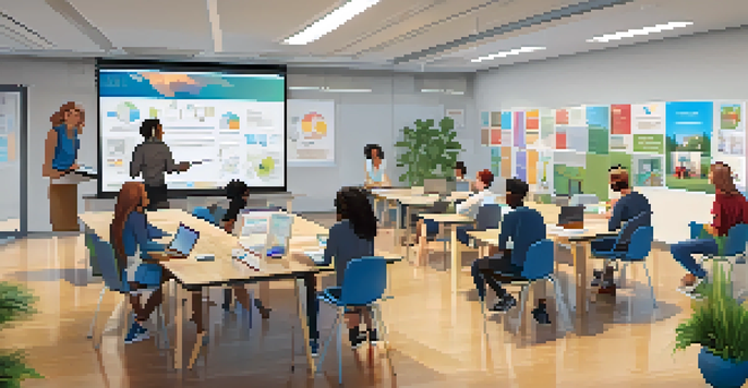 A modern classroom with students engaged in hybrid learning activities, some online and some in-person, with bright natural lighting and educational posters.