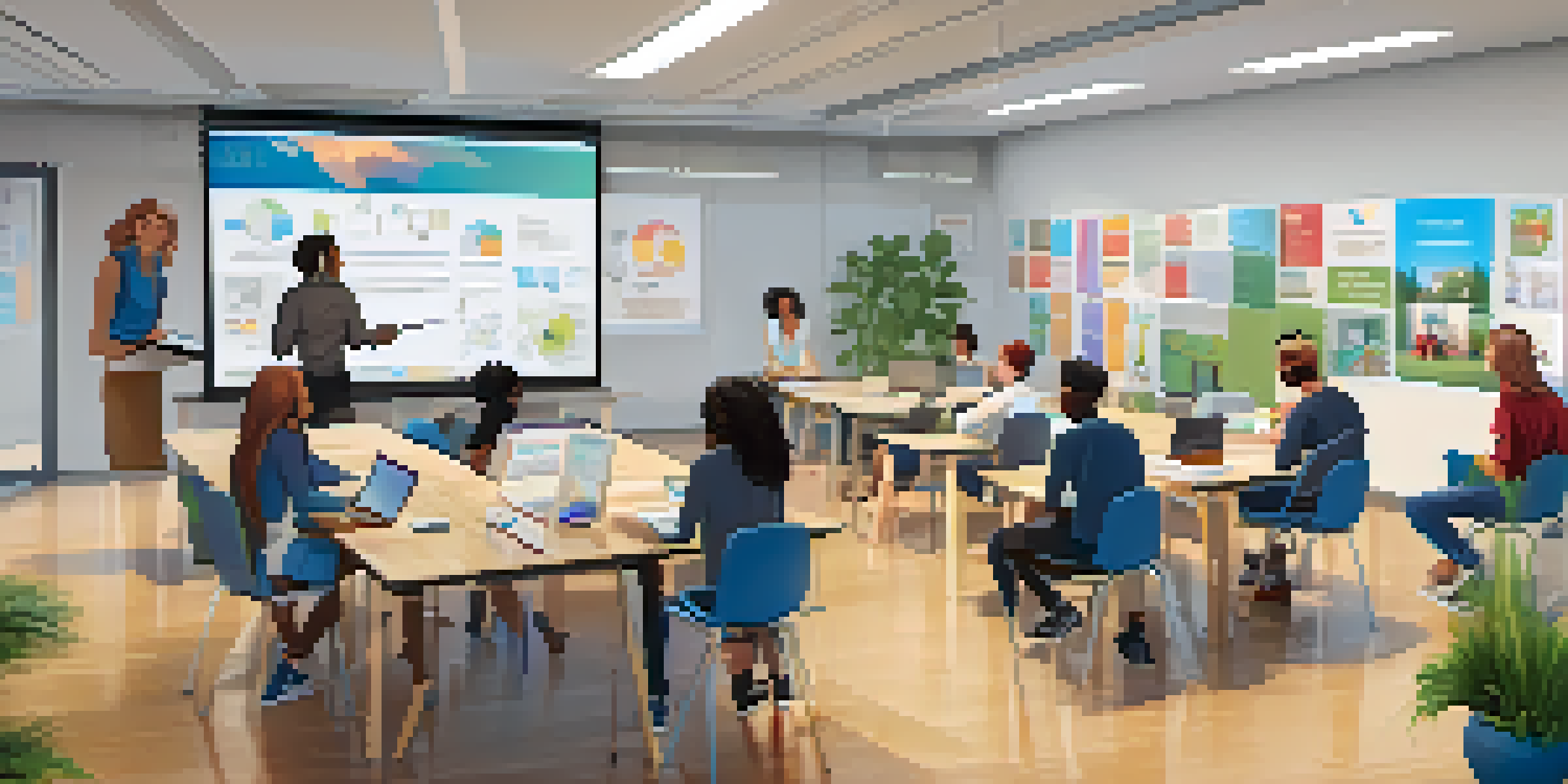 A modern classroom with students engaged in hybrid learning activities, some online and some in-person, with bright natural lighting and educational posters.