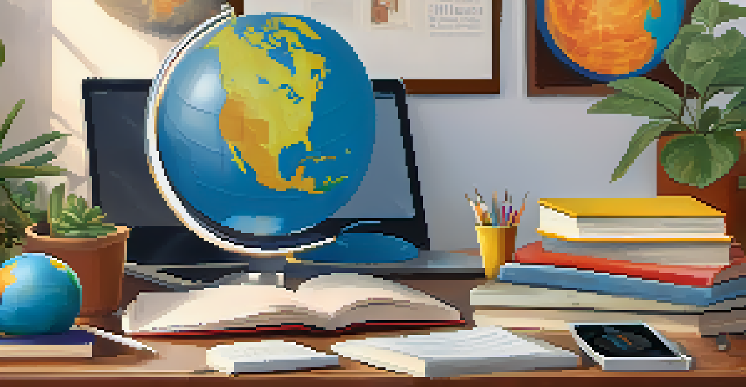 A teacher's desk with a globe and books on cultural awareness, showing a laptop with a video conference with diverse parents.