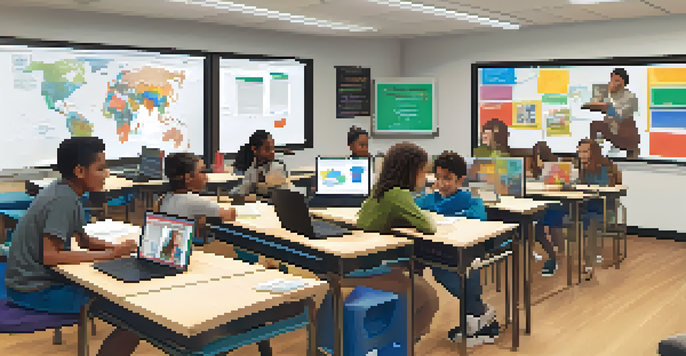 A group of diverse students participating in an online class, focused on their laptops with engaging expressions and a bright, well-lit room.