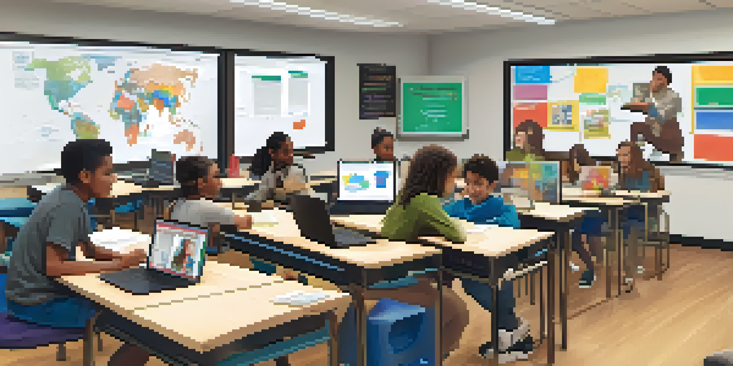 A group of diverse students participating in an online class, focused on their laptops with engaging expressions and a bright, well-lit room.