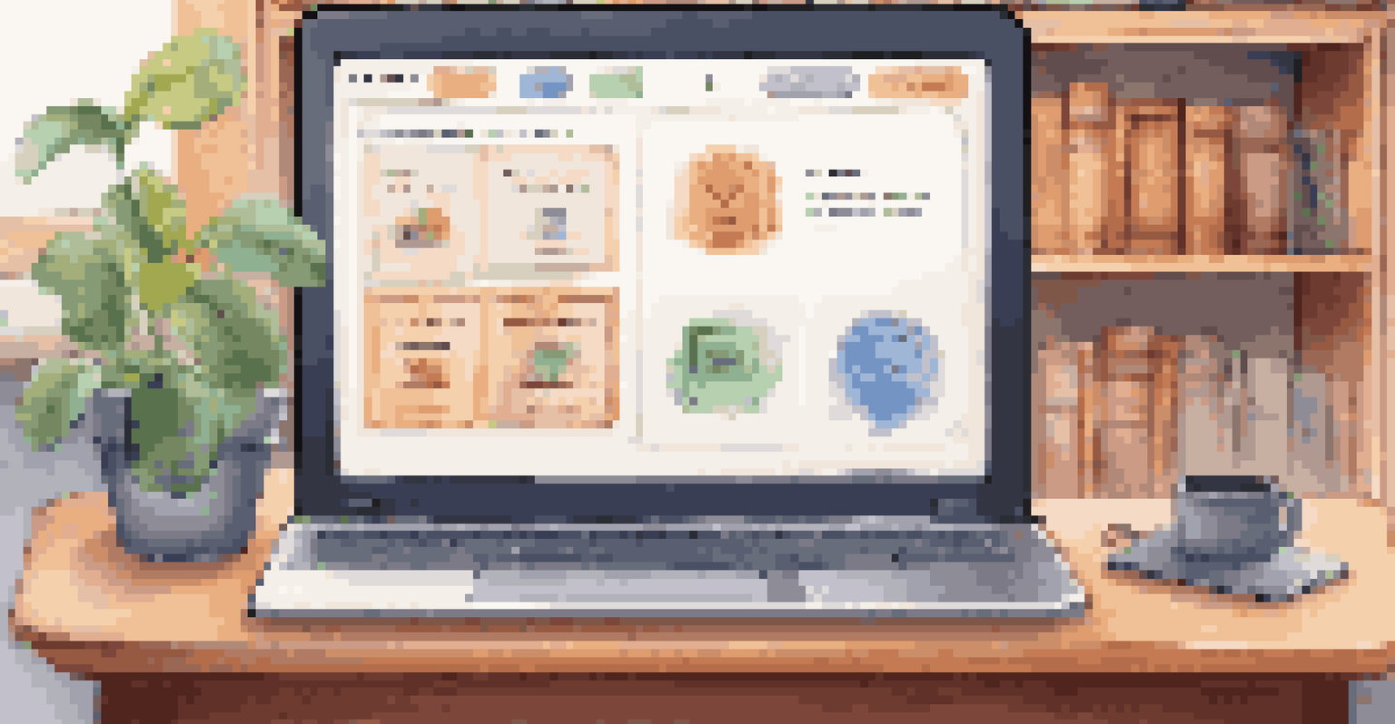 A laptop displaying an online learning platform with gamified elements, set in a cozy study environment.