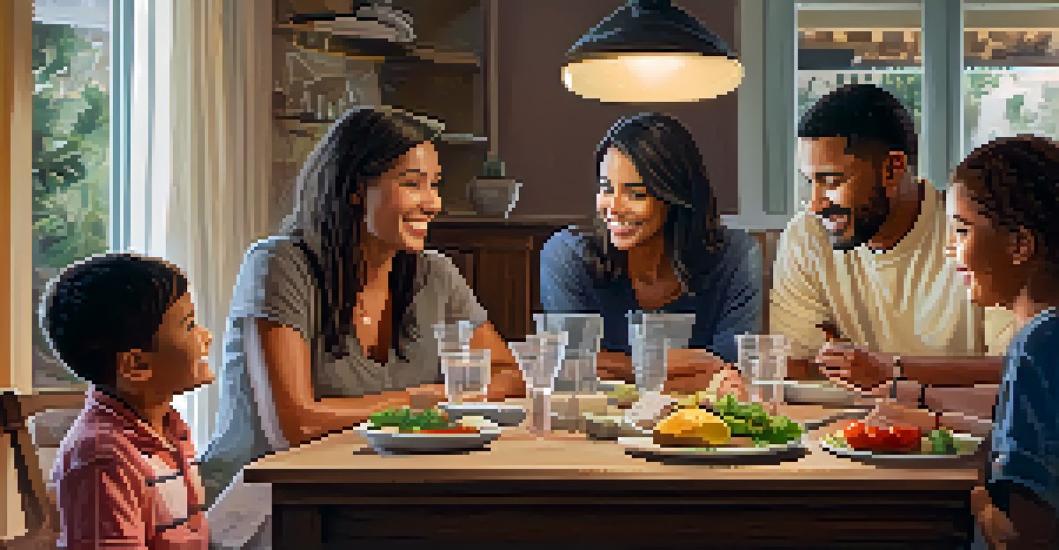 A family having an open discussion about sexual health education at a cozy dining table, with warm lighting and smiles, emphasizing the importance of communication.