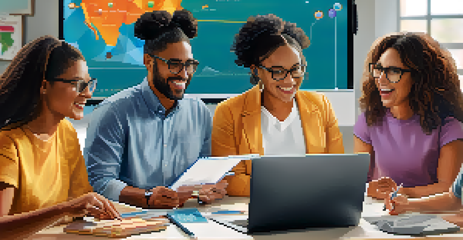 A diverse group of educators engaged in an online meeting, sharing resources and collaborating over virtual interfaces, with visible charts and graphs.